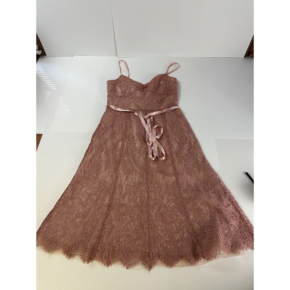 Ann Taylor Dress Size 6 A-Line Pink Gold Lace Metallic Romantic Date Prom Belted